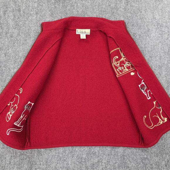 Lisa International Vest Women Medium Wool Cat Print Fuzzy Embroidered Zip Up VTG - Picture 14 of 16